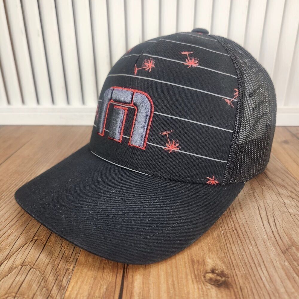Travis Mathew Palm Trees FlexFit Snapback Trucker Hat Cap Black Golf Sports Logo